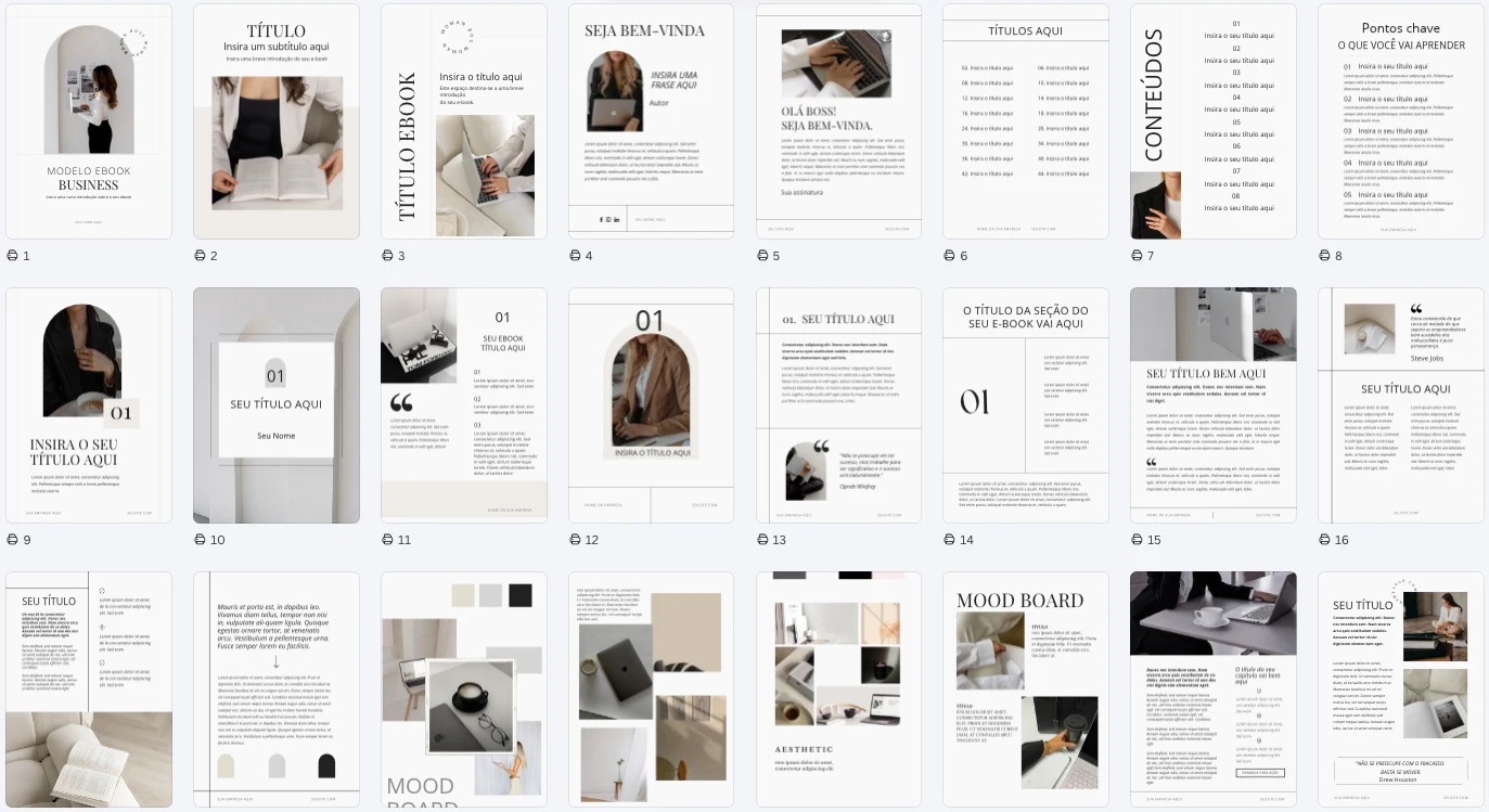 Ebook com capas, sumário, introdução, capítulos e páginas de conteúdo em tons neutros.