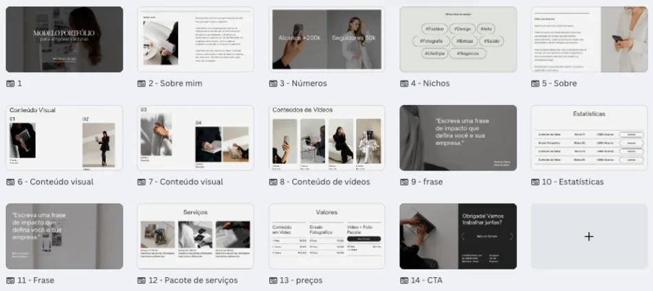 Páginas de portfólio com apresentação, projetos, serviços e contato.