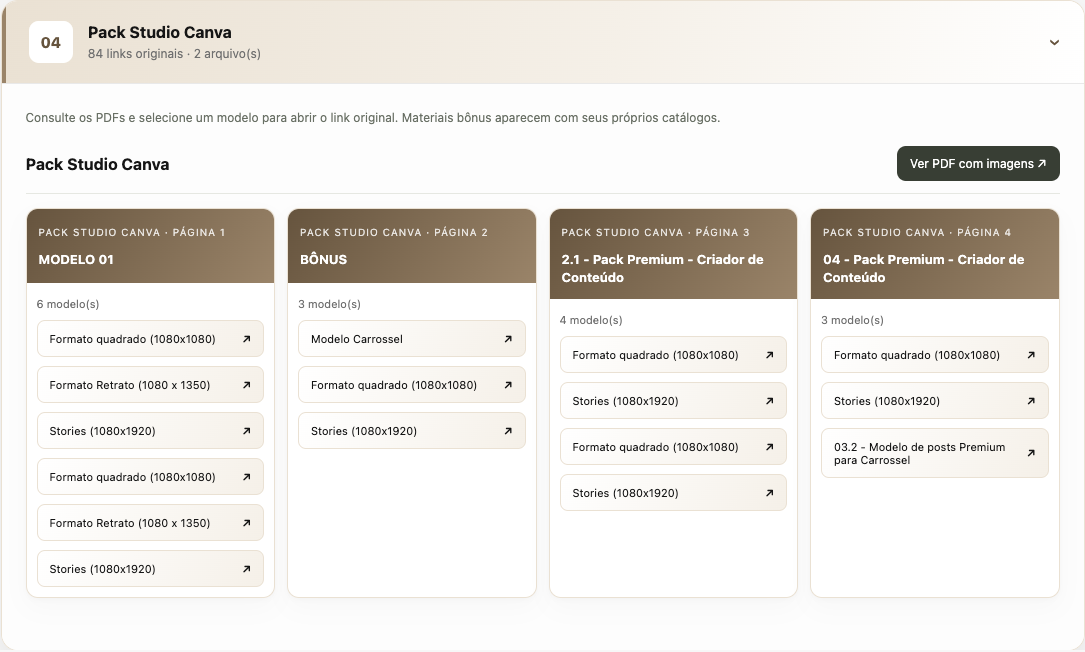 Pack Studio Canva aberto, com os modelos organizados e botões para acessar cada formato no Canva.