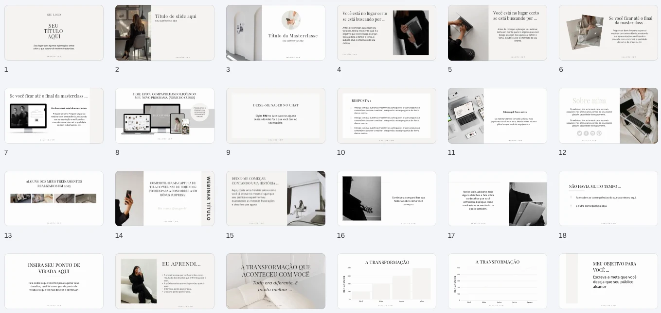 Slides de webinar e masterclass com apresentação, conteúdo, gráficos e oferta.
