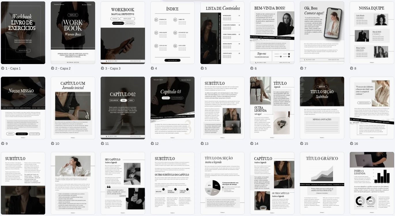 Capas e páginas internas do workbook, com exercícios, capítulos e espaços para anotações.